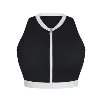 Black cropped rash guard. Black sleeveless rash guard for women. Rash guard with zipper front side.