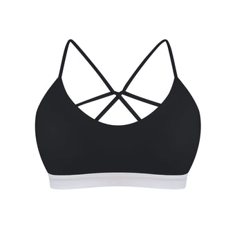 Black high-support swimming top with white trim on a white background