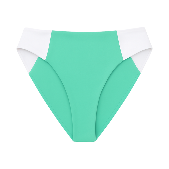 Green bikini bottom with white accents on a white background