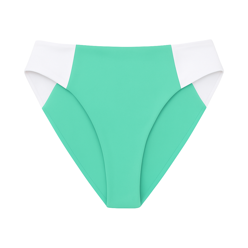 Green bikini bottom with white accents on a white background