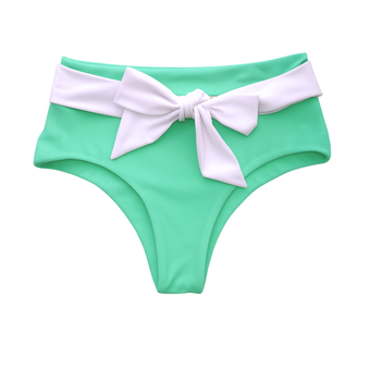 Green bikini bottom with a white bow on a white background
