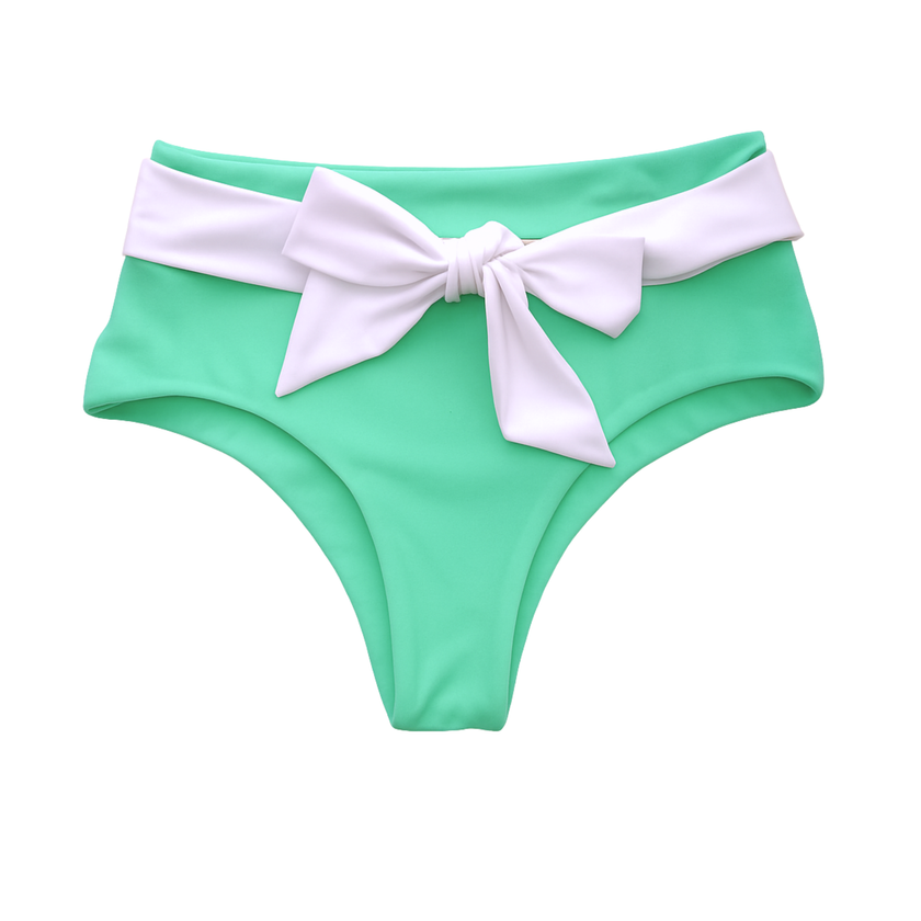 Green bikini bottom with a white bow on a white background