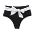 Black bikini bottom with a large white bow on a white background