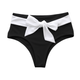 Black bikini bottom with a large white bow on a white background