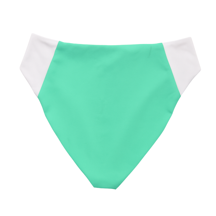 Green bikini with white sides and a white background