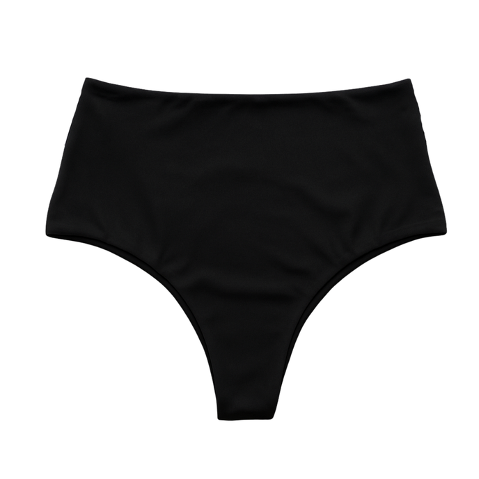 Black high-waisted bikini bottom on a white background