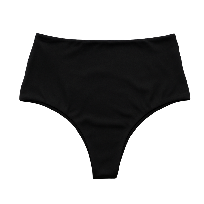 Black high-waisted bikini bottom on a white background
