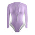 Purple swimsuit with a front zipper on a white background