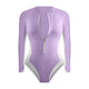 Purple swimsuit with a front zipper on a white background