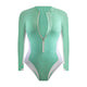 Mint green swimsuit with a zipper on a white background